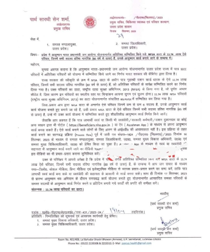 प्रमुख सचिव ने किया पत्र जारी 60 साल से ऊपर के लोगों का बनेगा आयुष्मान कार्ड 